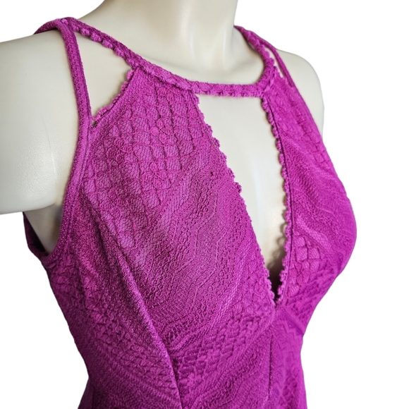 Free People Missed Connections Fit and Flare Mini Dress Fuchsia Crochet Lace 8 - Picture 3 of 7